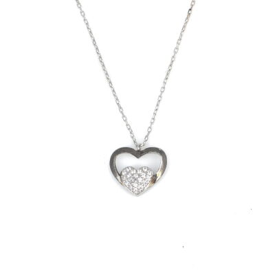 Sterling Silver Heart in Heart Necklace with White Cz - 2
