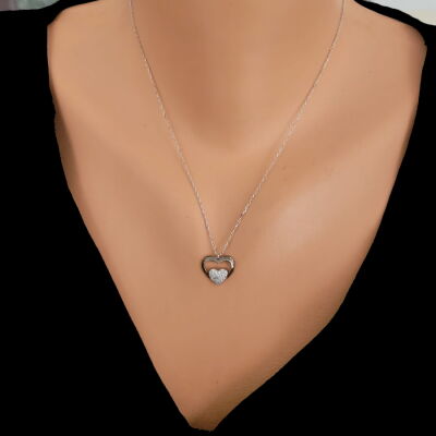 Sterling Silver Heart in Heart Necklace with White Cz - 1