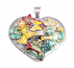 925 Sterling Silver Heart with Enameled Leaf and Butterfly Pendant - Nusrettaki