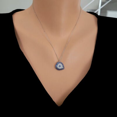 925 Ayar Gümüş Kalp Model Nazar Boncuklu Kolye - 1