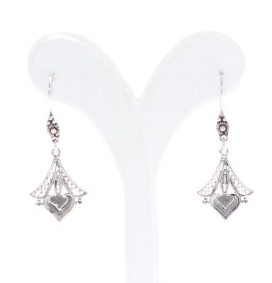 925 Silver Heart Design, Triangle Hood Dangle Filigree Earrings - 2
