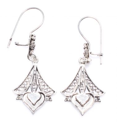 925 Silver Heart Design, Triangle Hood Dangle Filigree Earrings - 1