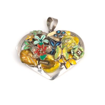 925 Sterling Silver Heart with Enameled Leaf and Flower Pendant - 2