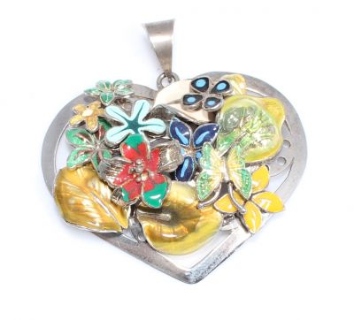 925 Sterling Silver Heart with Enameled Leaf and Flower Pendant - 1