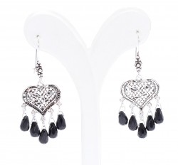 925 Silver Heart Model Dangle Filigree Earrings with Black Onyx - Nusrettaki (1)