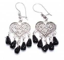 925 Silver Heart Model Dangle Filigree Earrings with Black Onyx - Nusrettaki