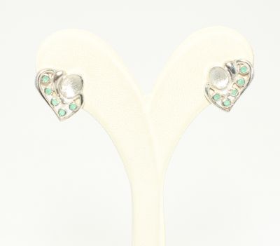 925 Silver Heart Design Stud Earrings with Green Stones - 3