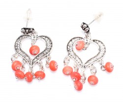 925 Silver Heart Model Dangle Filigree Earrings with Red Coral Stone - Nusrettaki (1)