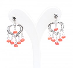 925 Silver Heart Model Dangle Filigree Earrings with Red Coral Stone - Nusrettaki