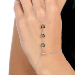 925 Sterling Silver Heart Model Ring Bracelet with Black CZ - Nusrettaki