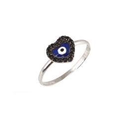 925 Sterling Silver Heart & Evil Eye Ring with Black CZ - Nusrettaki