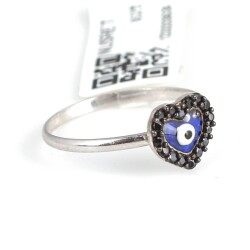 925 Sterling Silver Heart & Evil Eye Ring with Black CZ - Nusrettaki (1)