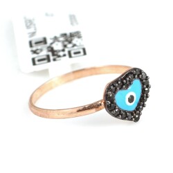 925 Sterling Silver Heart & Evil Eye Ring with Black Zirconium - Nusrettaki (1)