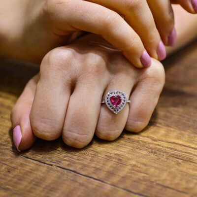 925 Ayar Gümüş Kalp Yakut Renk Taşlı Yüzük - 4