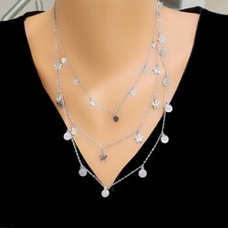 925 Sterling Silver Heart, Star 3 Chain Necklace - Nusrettaki