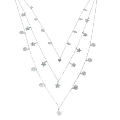 925 Ayar Gümüş Kalp, Yıldız Paralı 3 Zincir Kolye - 2