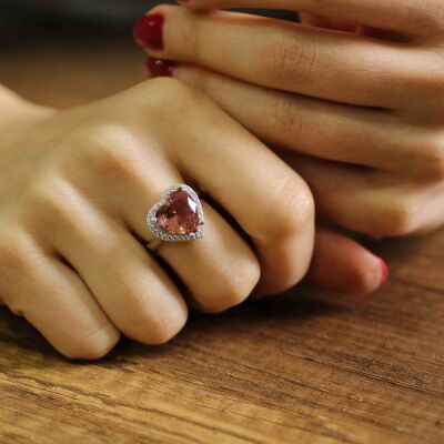 925 Ayar Gümüş Kalp Zultanit Taşlı Anturaj Yüzük - 1