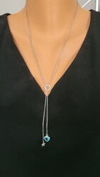 925 Ayar Gümüş Kalpli Mavi Taşlı Kolye - Nusrettaki