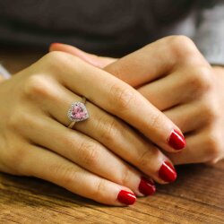 925 Ayar Gümüş Kalpli Pembe Kuvars Taşlı Yüzük - Nusrettaki