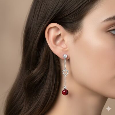 925 Ayar Gümüş Kalpli ve Yakut Taşlı Sallantılı Match Çivi Küpe - 1