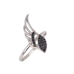 925 Sterling Silver Angel Wing Design Ring with White & Black CZ - Nusrettaki