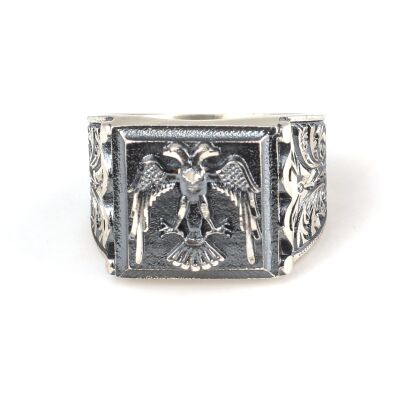 925 Ayar Gümüş Kare Çift Başlı Kartal Model El Kalemli Erkek Yüzük - 2