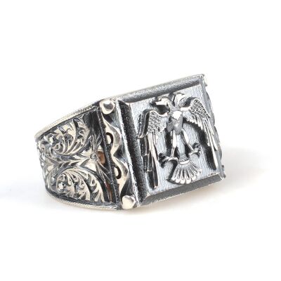 925 Ayar Gümüş Kare Çift Başlı Kartal Model El Kalemli Erkek Yüzük - 3