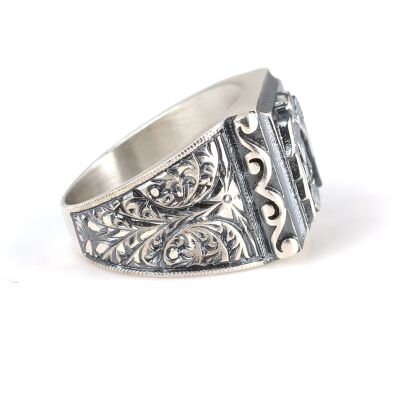 925 Ayar Gümüş Kare Çift Başlı Kartal Model El Kalemli Erkek Yüzük - 4