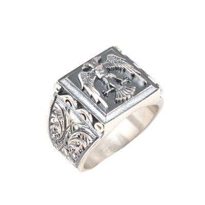 925 Ayar Gümüş Kare Çift Başlı Kartal Model El Kalemli Erkek Yüzük - 1