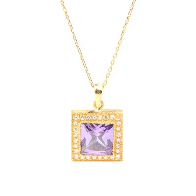 925 Ayar Gümüş Kare Sentetik Ametist Taşlı Kolye - 1