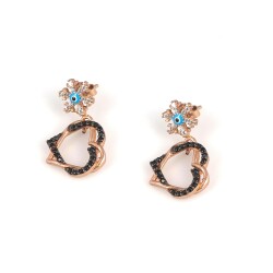 925 Rose Couple Hearts with Snowflake Drop Earrings, Black Zircon - Nusrettaki