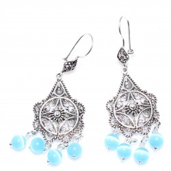 925 Silver Flower Boquet Filigree Chandelier Earrings with Blue Catseye - Nusrettaki (1)