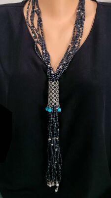 925 Ayar Gümüş Kedi Gözü Taşlı Uzun Kolye - 1