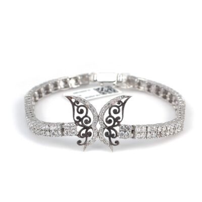 925 Ayar Gümüş Kelebek Modeli Su Yolu Bileklik, Beyaz Siyah - Beyaz Taş - 2