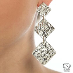 925 Sterling Silver Wrinkled Squares Dangle Filigree Earrings - Nusrettaki