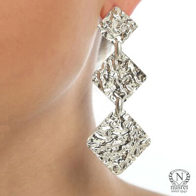 925 Sterling Silver Wrinkled Squares Dangle Filigree Earrings - 1