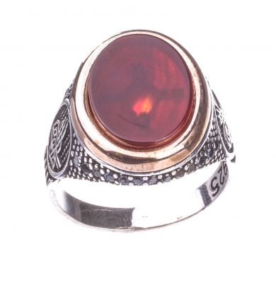 925 Ayar Gümüş Kırmızı Akik Taşlı Tuğra Desenli Erkek Yüzük - 4