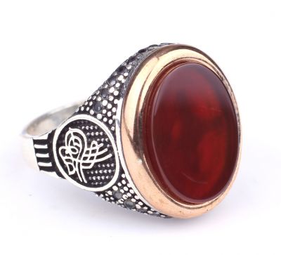925 Ayar Gümüş Kırmızı Akik Taşlı Tuğra Desenli Erkek Yüzük - 2