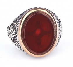 925 Ayar Gümüş Kırmızı Akik Taşlı Tuğra Desenli Erkek Yüzük - 5