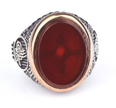 925 Ayar Gümüş Kırmızı Akik Taşlı Tuğra Desenli Erkek Yüzük - 5