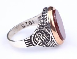 925 Ayar Gümüş Kırmızı Akik Taşlı Tuğra Desenli Erkek Yüzük - 6