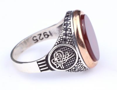 925 Ayar Gümüş Kırmızı Akik Taşlı Tuğra Desenli Erkek Yüzük - 6