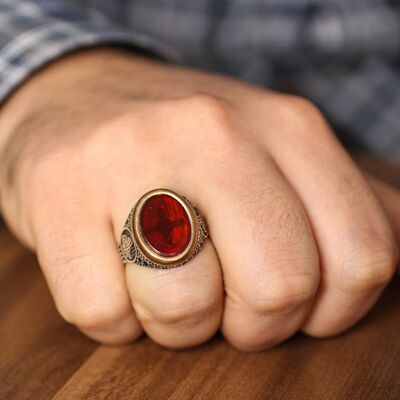 925 Ayar Gümüş Kırmızı Akik Taşlı Tuğra Desenli Erkek Yüzük - 1