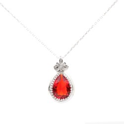 Silver Necklace with Drop Red Stone - Nusrettaki