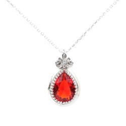 Silver Necklace with Drop Red Stone - Nusrettaki (1)