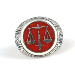 925 Ayar Gümüş Kırmızı Mineli Adalettin Terazisi Model Kalemli Erkek Yüzüğü - Nusrettaki (1)