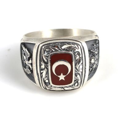 925 Ayar Gümüş Kırmızı Mineli Ay Yıldız Model Kalemli Erkek Yüzük - 2