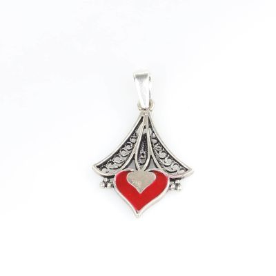 925 Sterling Silver Heart Design Pendant with Red Enameled - 3