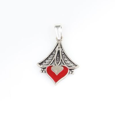 925 Sterling Silver Heart Design Pendant with Red Enameled - 4