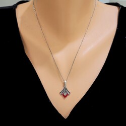 925 Sterling Silver Heart Design Pendant with Red Enameled - Nusrettaki